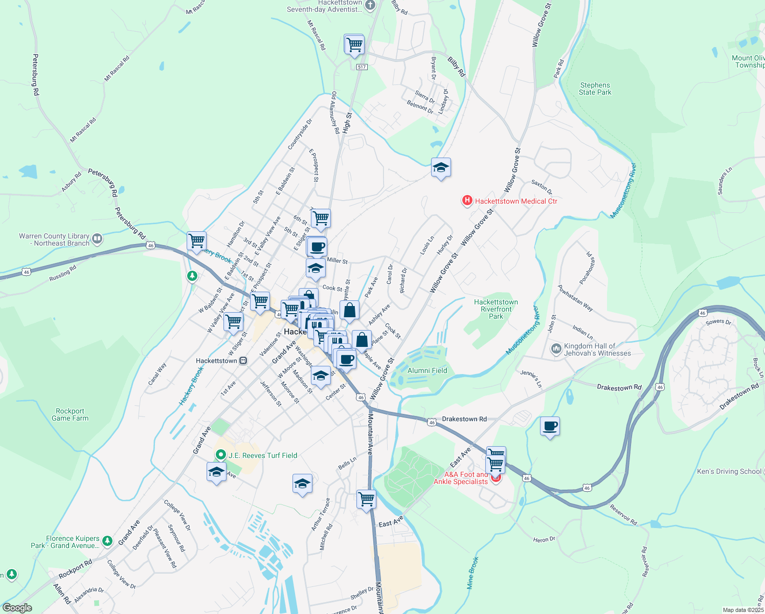 map of restaurants, bars, coffee shops, grocery stores, and more near 304 Ashley Avenue in Hackettstown
