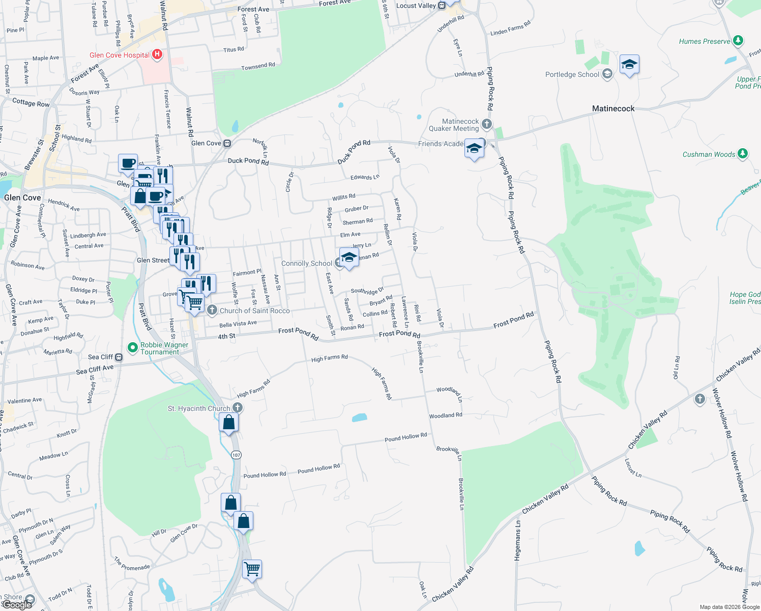 map of restaurants, bars, coffee shops, grocery stores, and more near 12 Bryant Road in Glen Cove