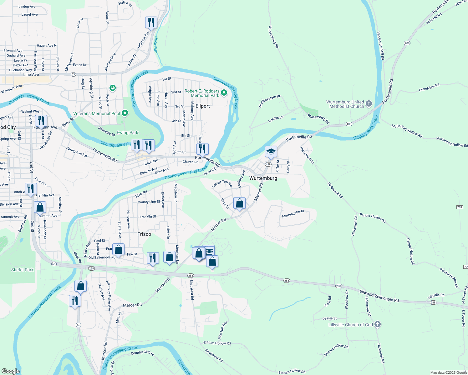 map of restaurants, bars, coffee shops, grocery stores, and more near 215 Locust Terrace in Ellwood City