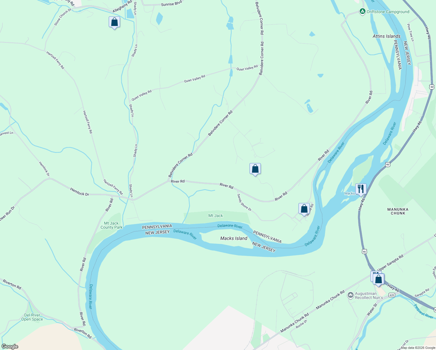 map of restaurants, bars, coffee shops, grocery stores, and more near 1254 River Rd in Mt Bethel