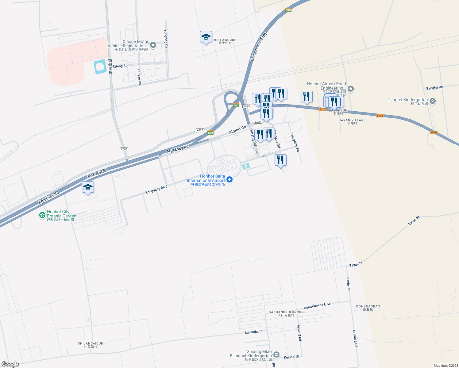 map of restaurants, bars, coffee shops, grocery stores, and more near Kong Gang Da Dao in Hu He Hao Te Shi