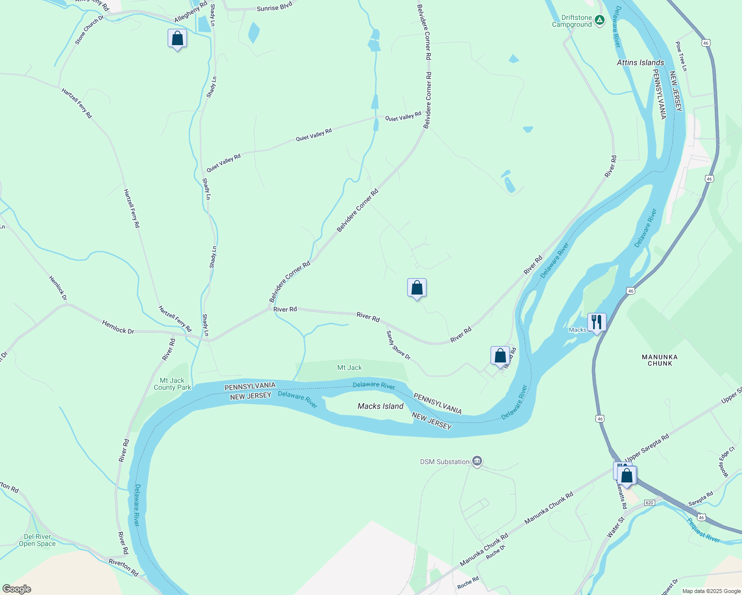 map of restaurants, bars, coffee shops, grocery stores, and more near 1292 River Road in Mount Bethel