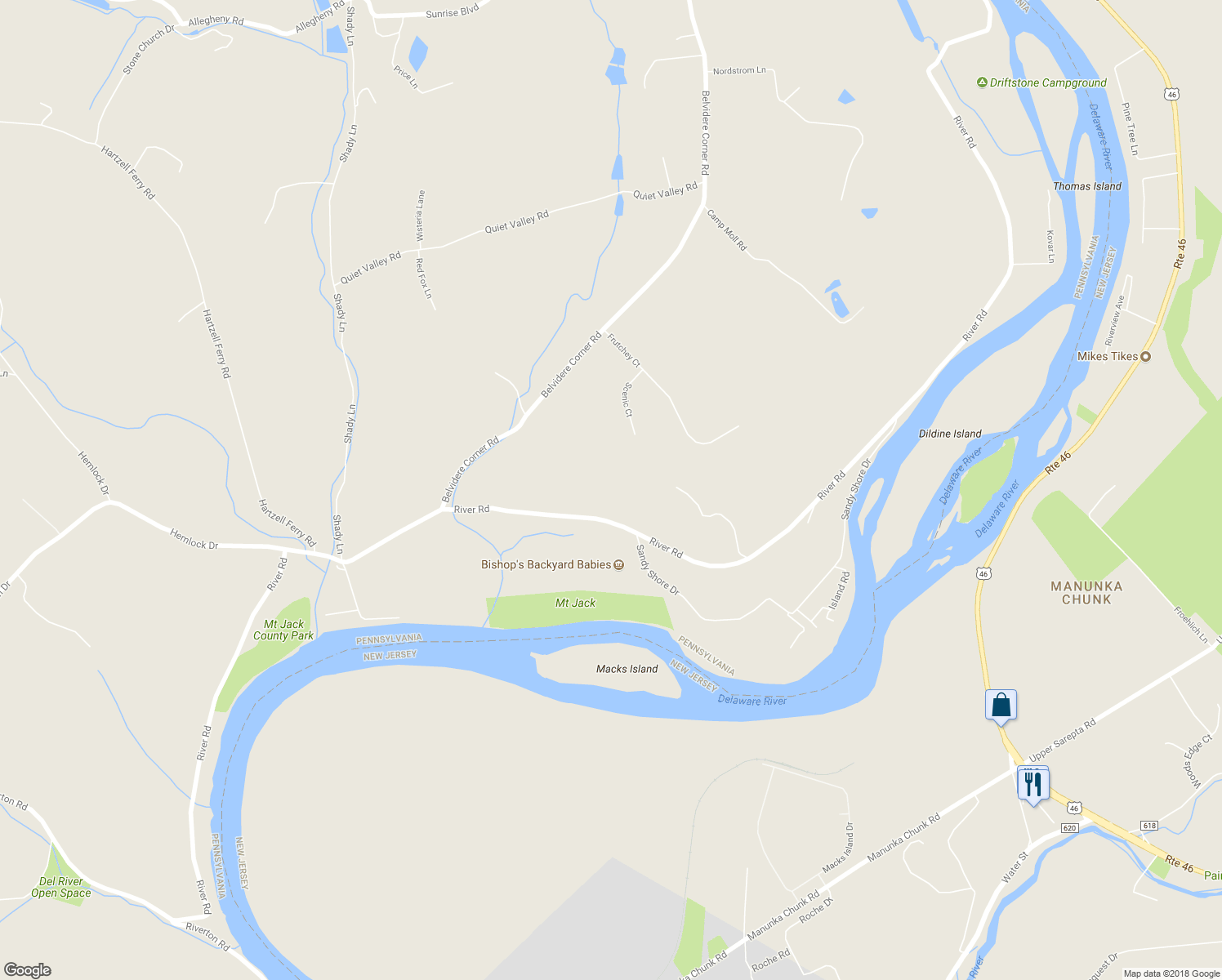map of restaurants, bars, coffee shops, grocery stores, and more near 1292 River Road in Mount Bethel