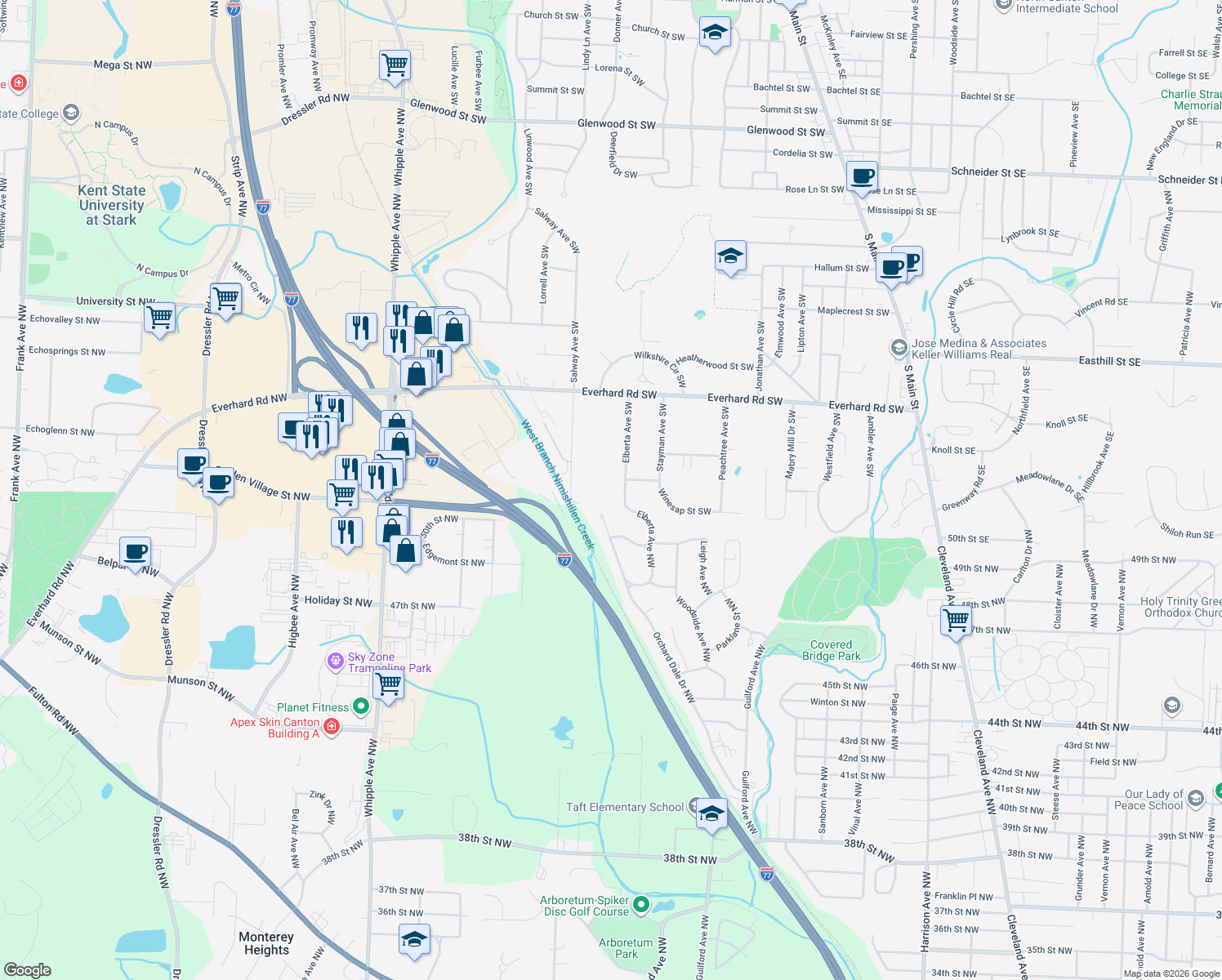 map of restaurants, bars, coffee shops, grocery stores, and more near 1649 Elberta Avenue Southwest in Canton