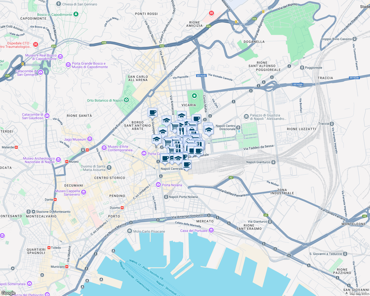 map of restaurants, bars, coffee shops, grocery stores, and more near 17 Via Ferrara in Napoli