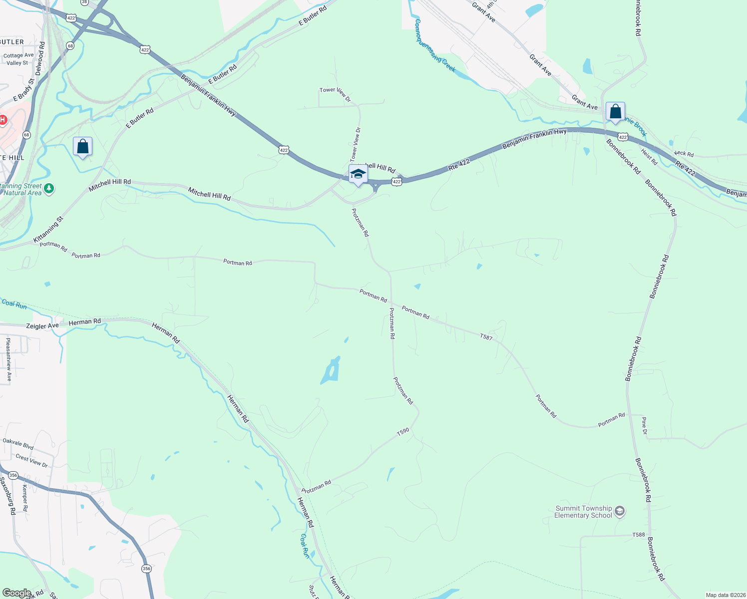 map of restaurants, bars, coffee shops, grocery stores, and more near 370 Portman Road in Butler