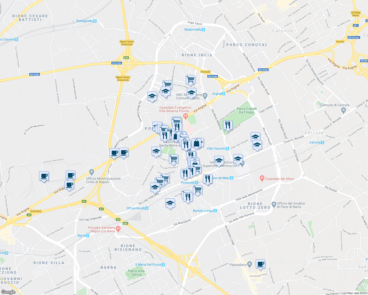 map of restaurants, bars, coffee shops, grocery stores, and more near 23 Corso Ferrovia in Naples