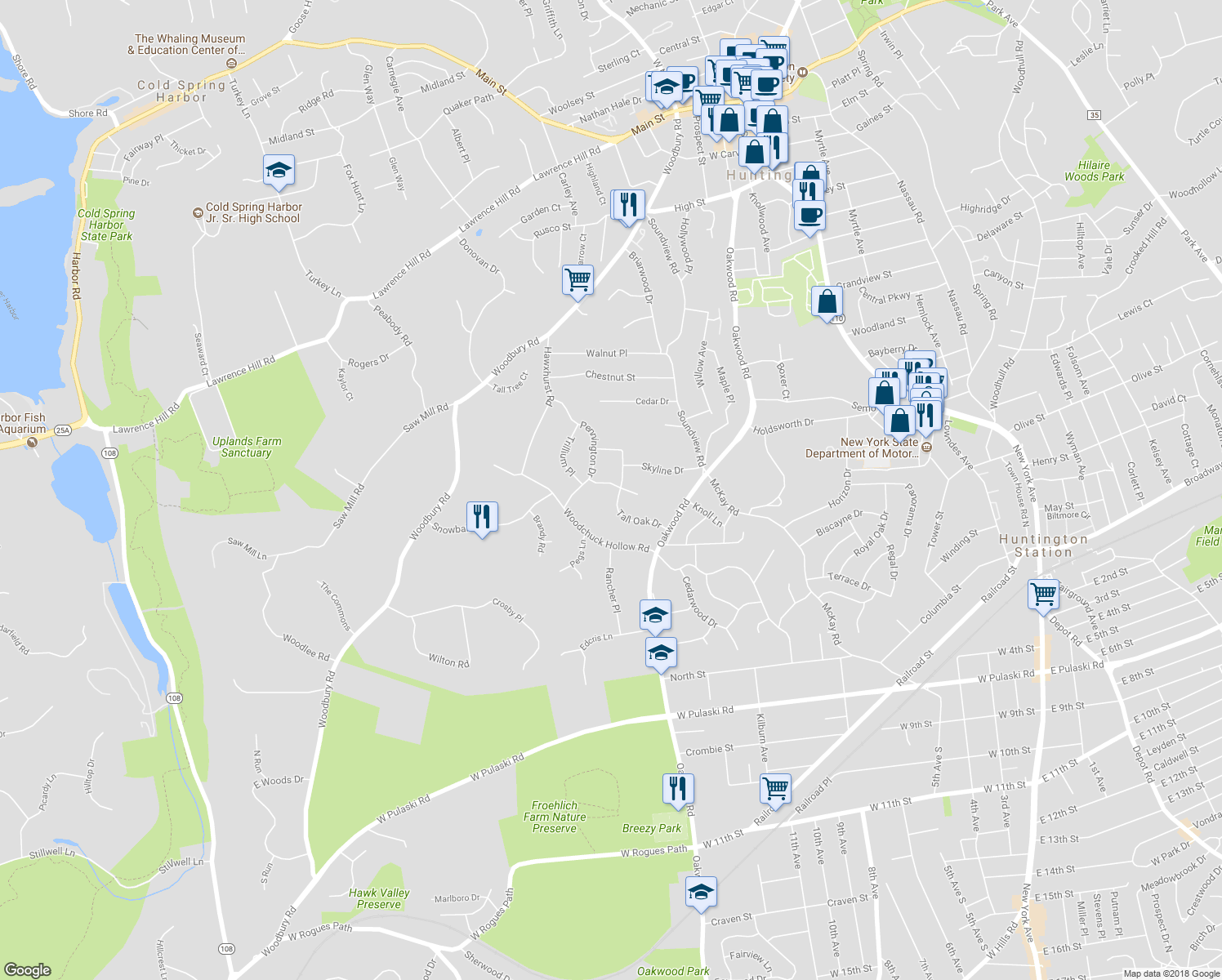 map of restaurants, bars, coffee shops, grocery stores, and more near 23 Tall Oak Drive in Huntington