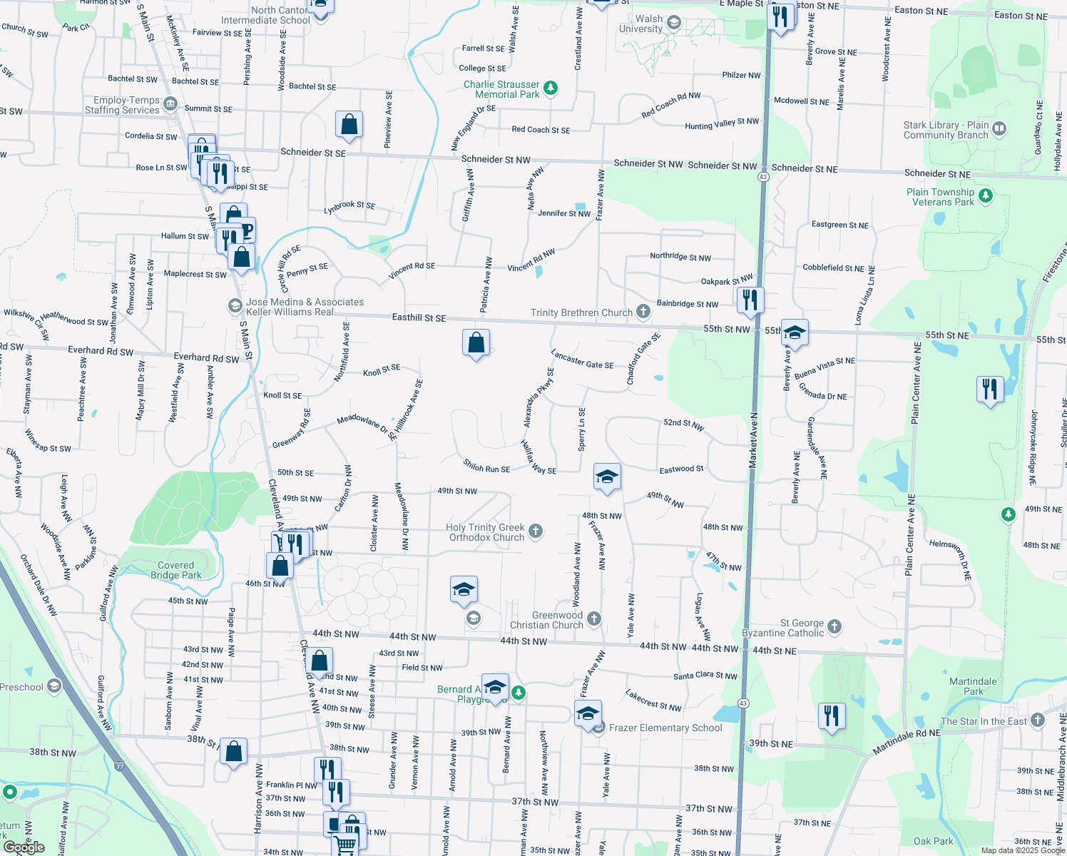 map of restaurants, bars, coffee shops, grocery stores, and more near 1576 Alexandria Pkwy SE in North Canton