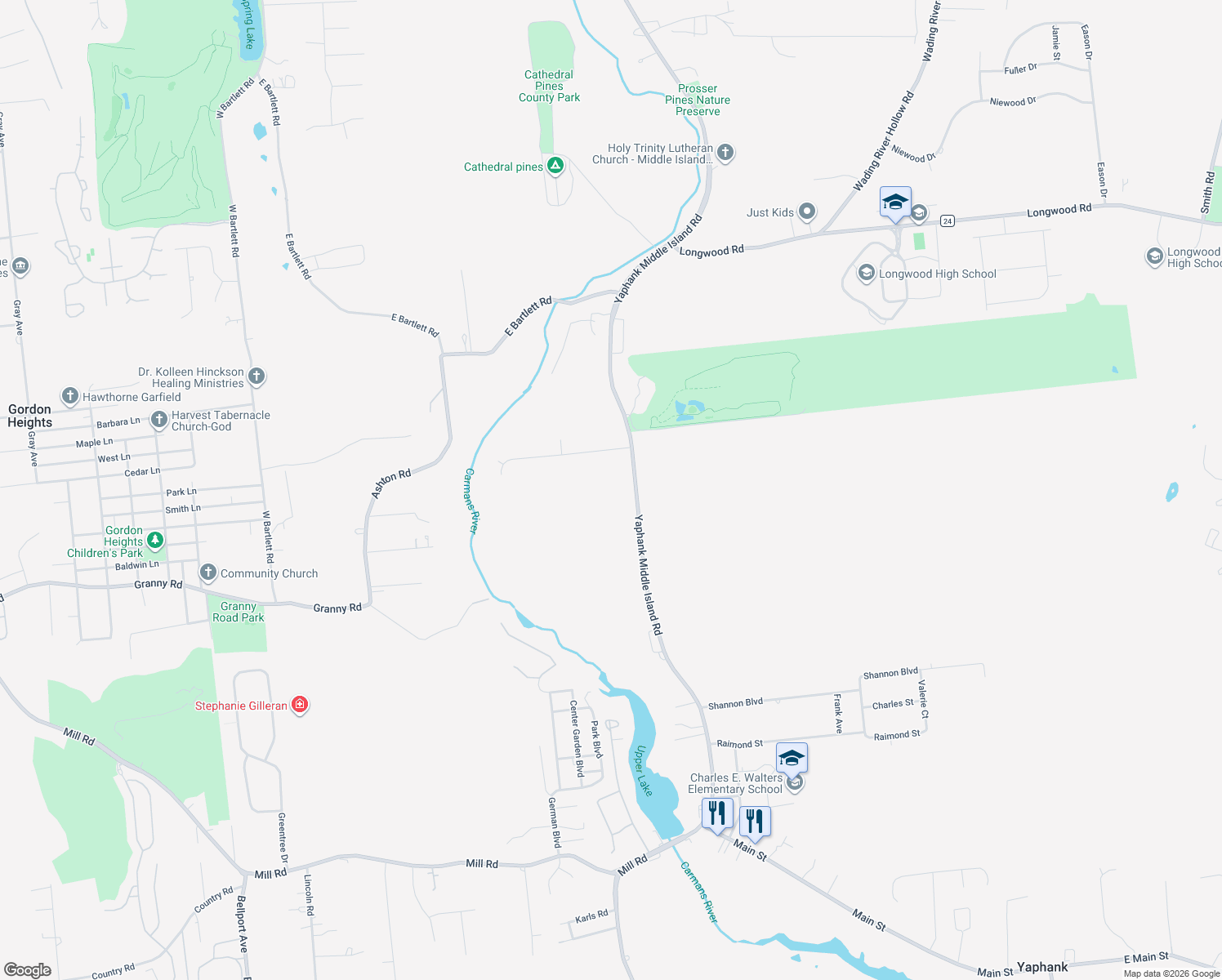 map of restaurants, bars, coffee shops, grocery stores, and more near 326 Yaphank Middle Island Road in Yaphank