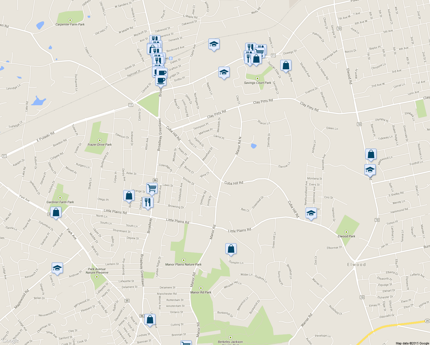 map of restaurants, bars, coffee shops, grocery stores, and more near 119 Cuba Hill Road in Greenlawn