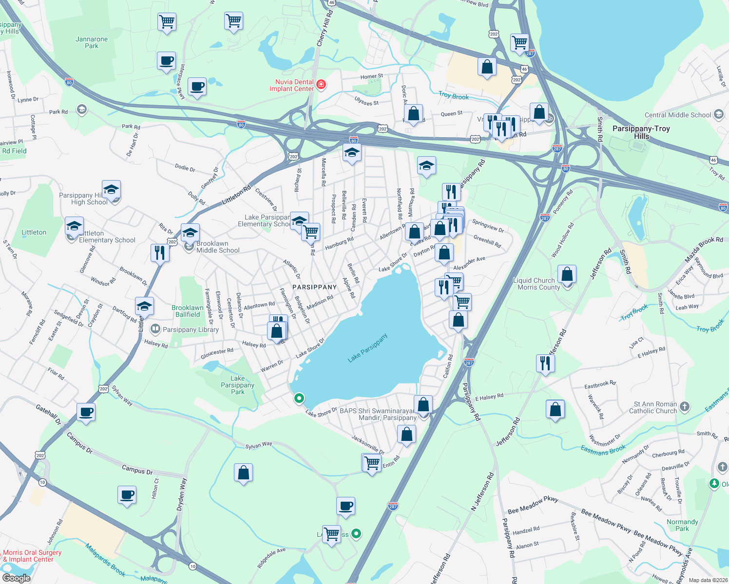 map of restaurants, bars, coffee shops, grocery stores, and more near 402 Lake Shore Drive in Parsippany-Troy Hills