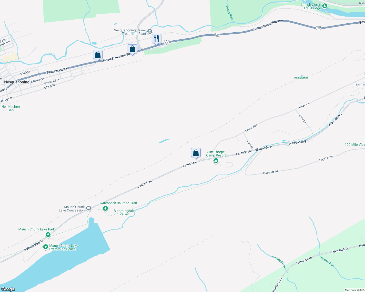 map of restaurants, bars, coffee shops, grocery stores, and more near Switchback Railroad Trail in Jim Thorpe