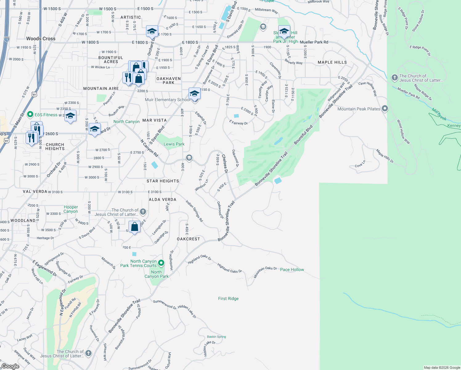 map of restaurants, bars, coffee shops, grocery stores, and more near 957 Chelsea Drive in Bountiful