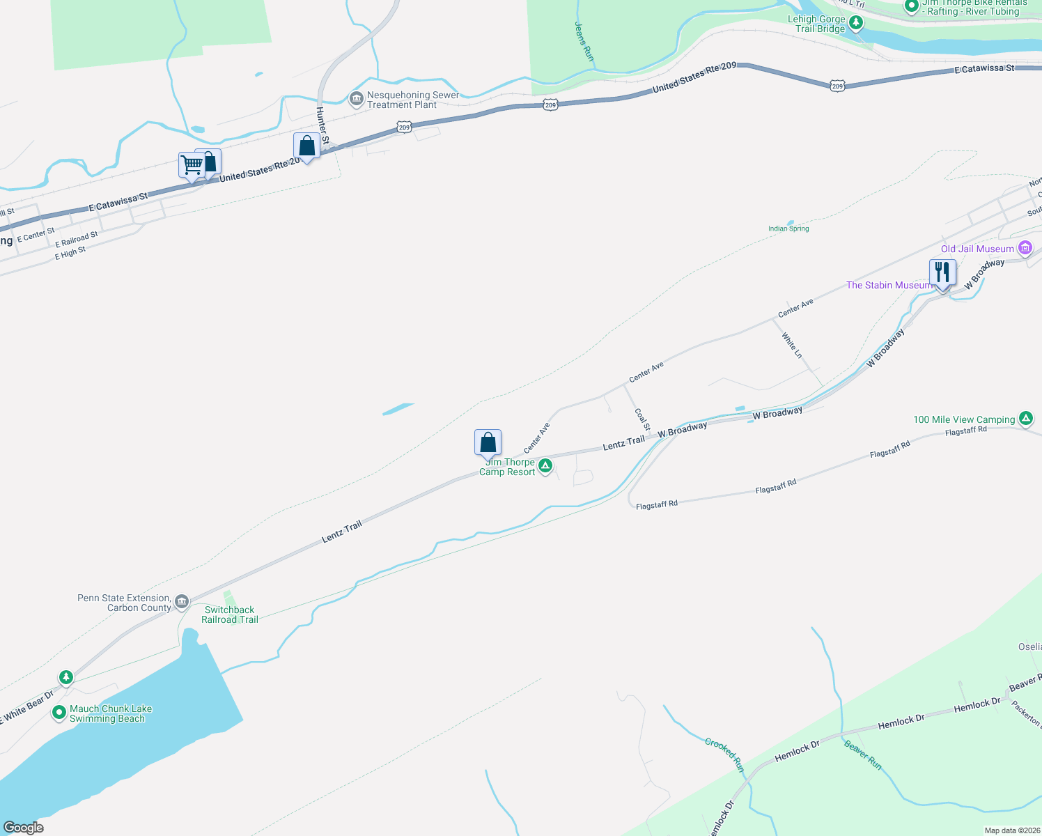 map of restaurants, bars, coffee shops, grocery stores, and more near 1500 Center Avenue in Jim Thorpe