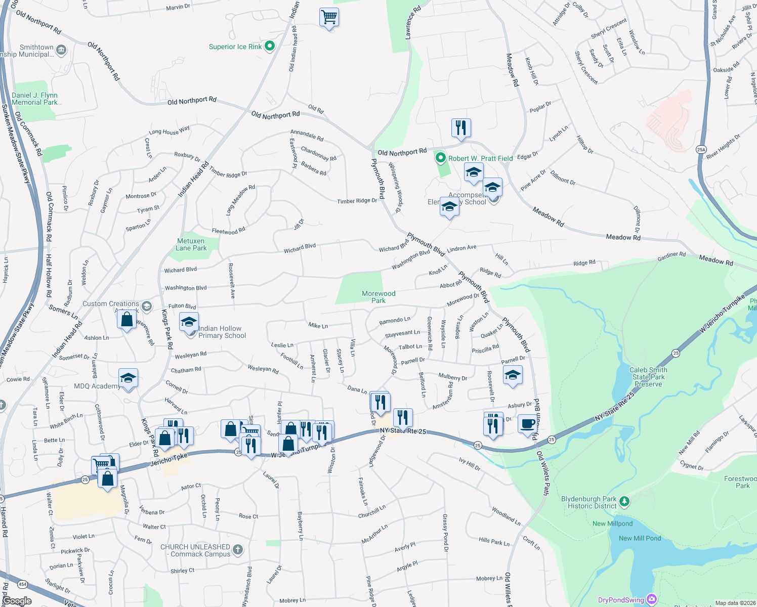map of restaurants, bars, coffee shops, grocery stores, and more near 82 Morewood Drive in Smithtown