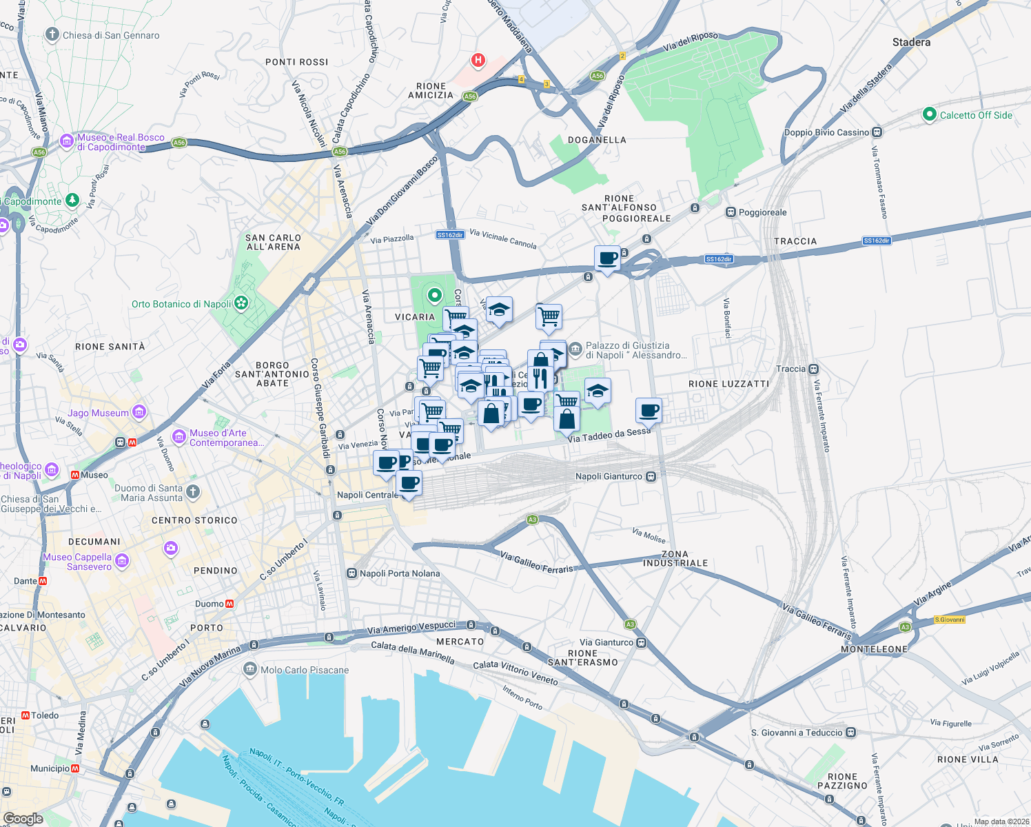 map of restaurants, bars, coffee shops, grocery stores, and more near Viale della Costituzione in Naples