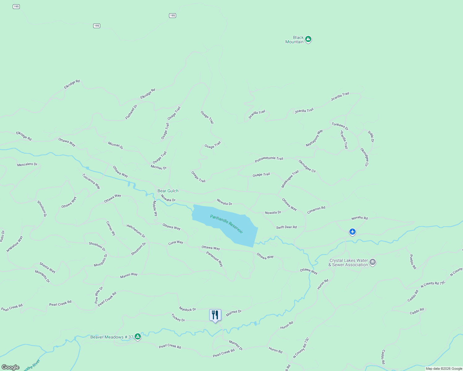 map of restaurants, bars, coffee shops, grocery stores, and more near 6183 Ottawa Way in Red Feather Lakes