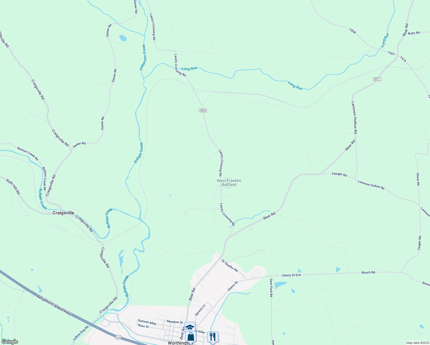 map of restaurants, bars, coffee shops, grocery stores, and more near 213 Laird's Crossing Rd in Worthington