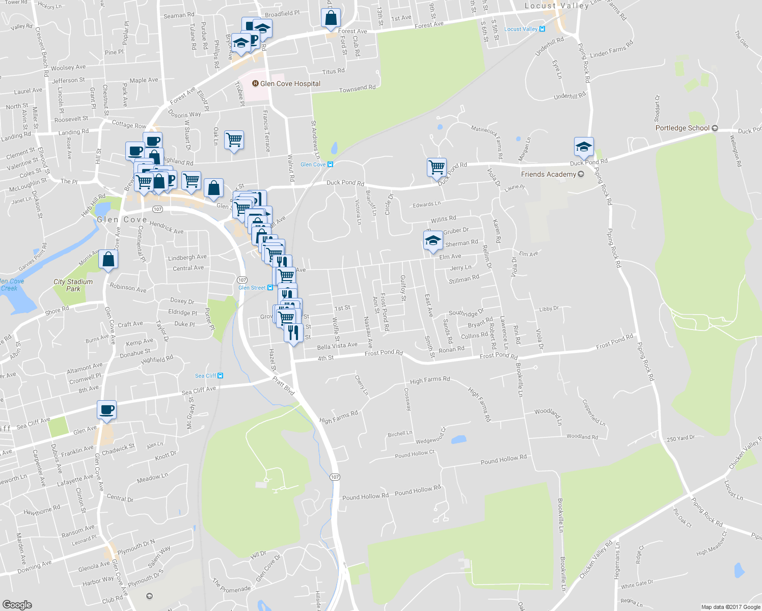 map of restaurants, bars, coffee shops, grocery stores, and more near 36 Frost Pond Road in Glen Cove