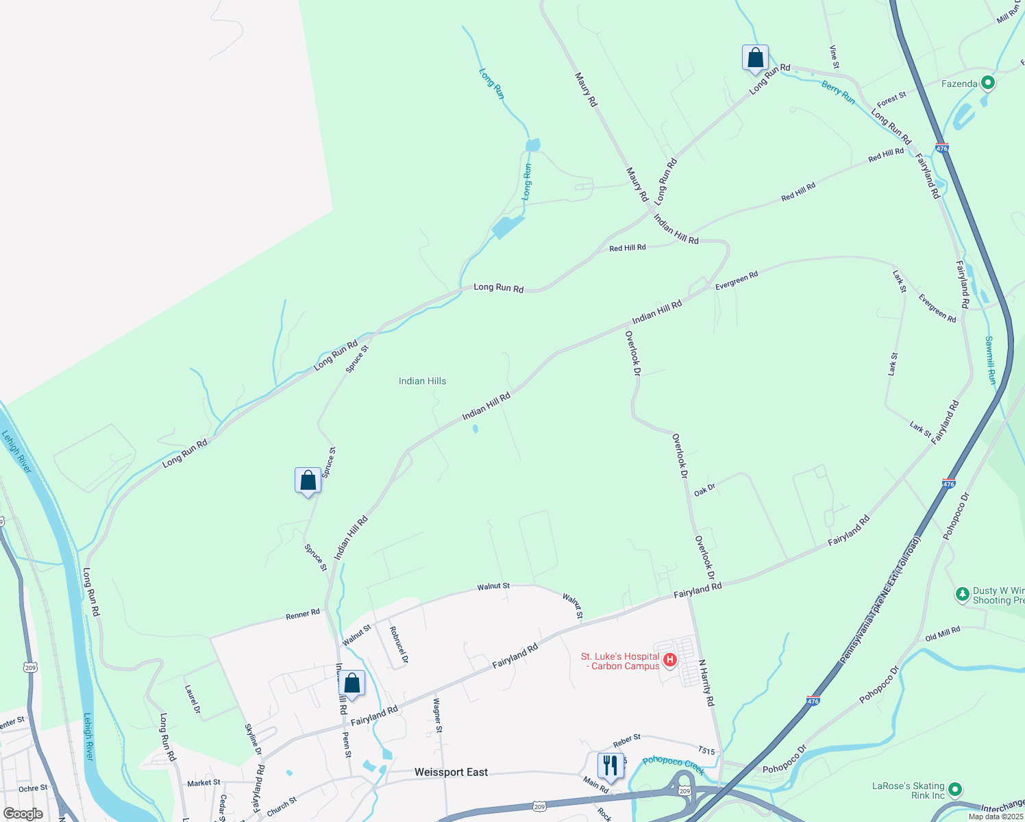 map of restaurants, bars, coffee shops, grocery stores, and more near 1359 Indian Hill Rd in Lehighton
