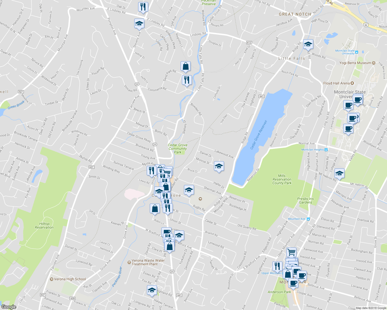 map of restaurants, bars, coffee shops, grocery stores, and more near 186 Bowden Road in Cedar Grove