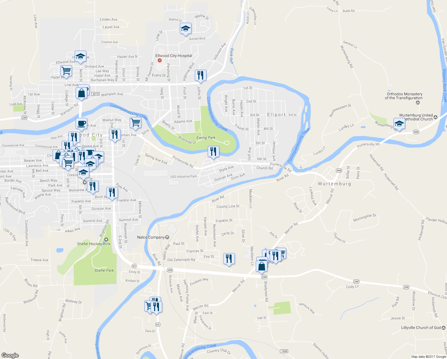 map of restaurants, bars, coffee shops, grocery stores, and more near 207 Duncan Avenue in Ellwood City