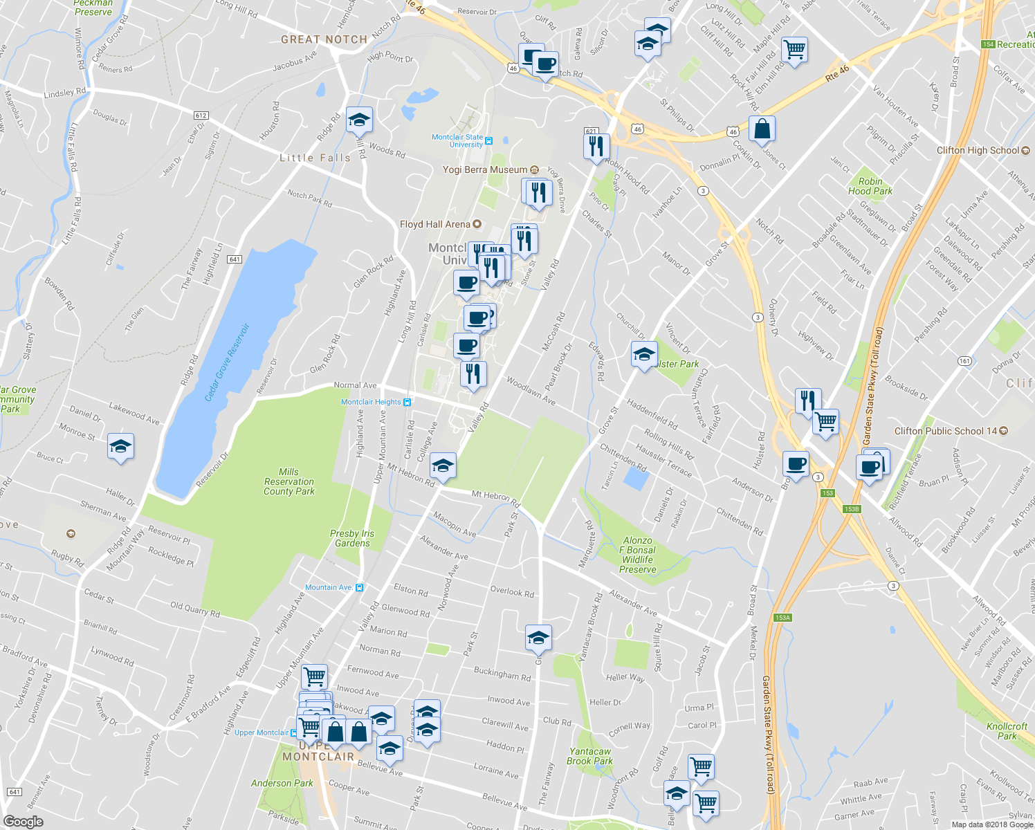 map of restaurants, bars, coffee shops, grocery stores, and more near 251 McCosh Road in Clifton