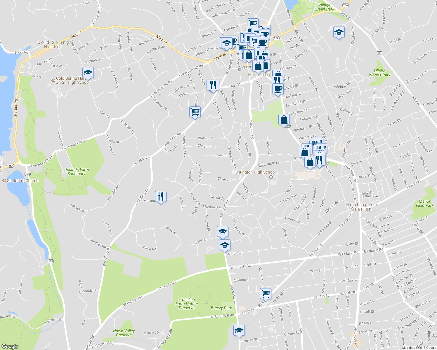 map of restaurants, bars, coffee shops, grocery stores, and more near 16 Skyline Drive in Huntington