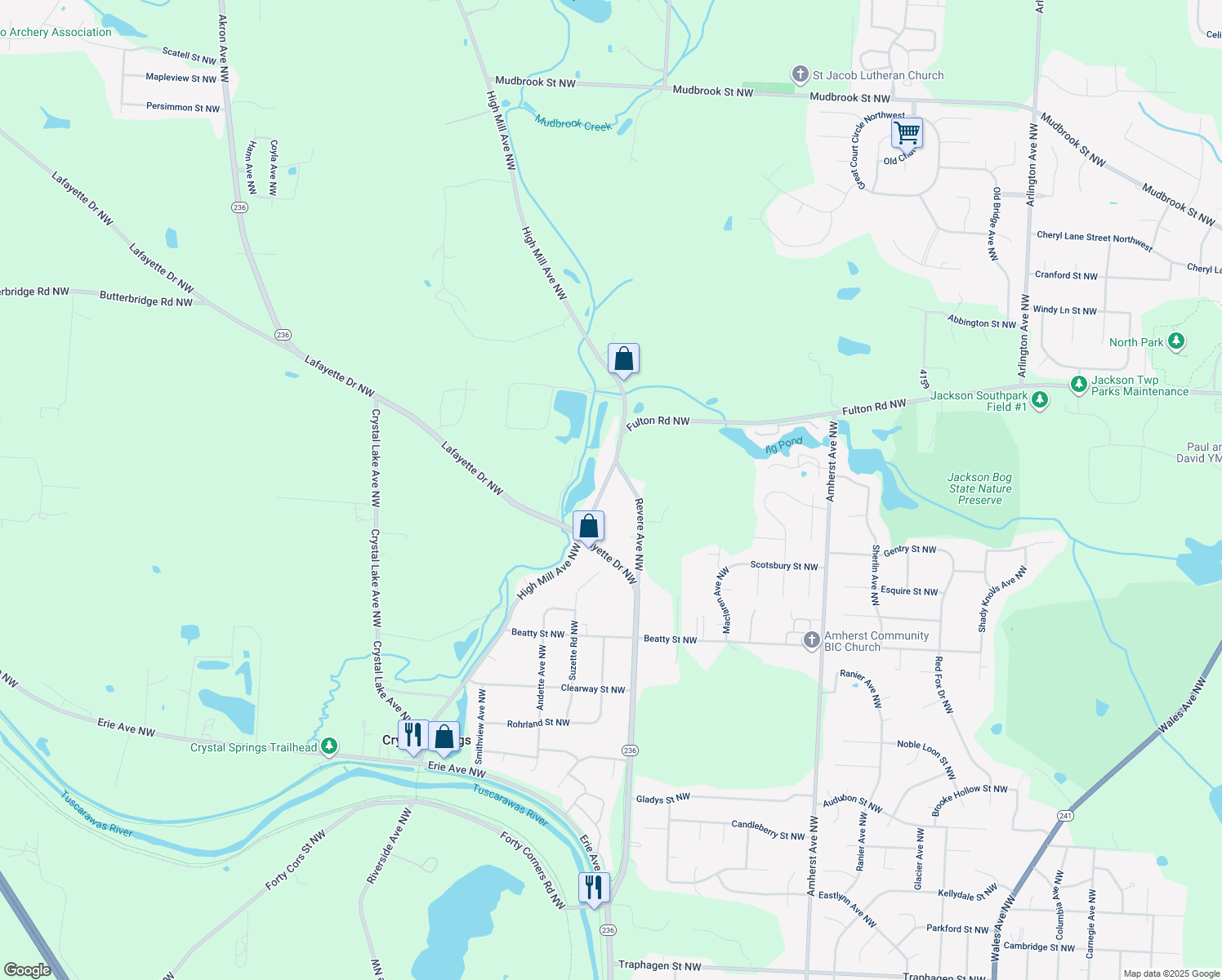 map of restaurants, bars, coffee shops, grocery stores, and more near 5230 High Mill Ave NW in Massillon