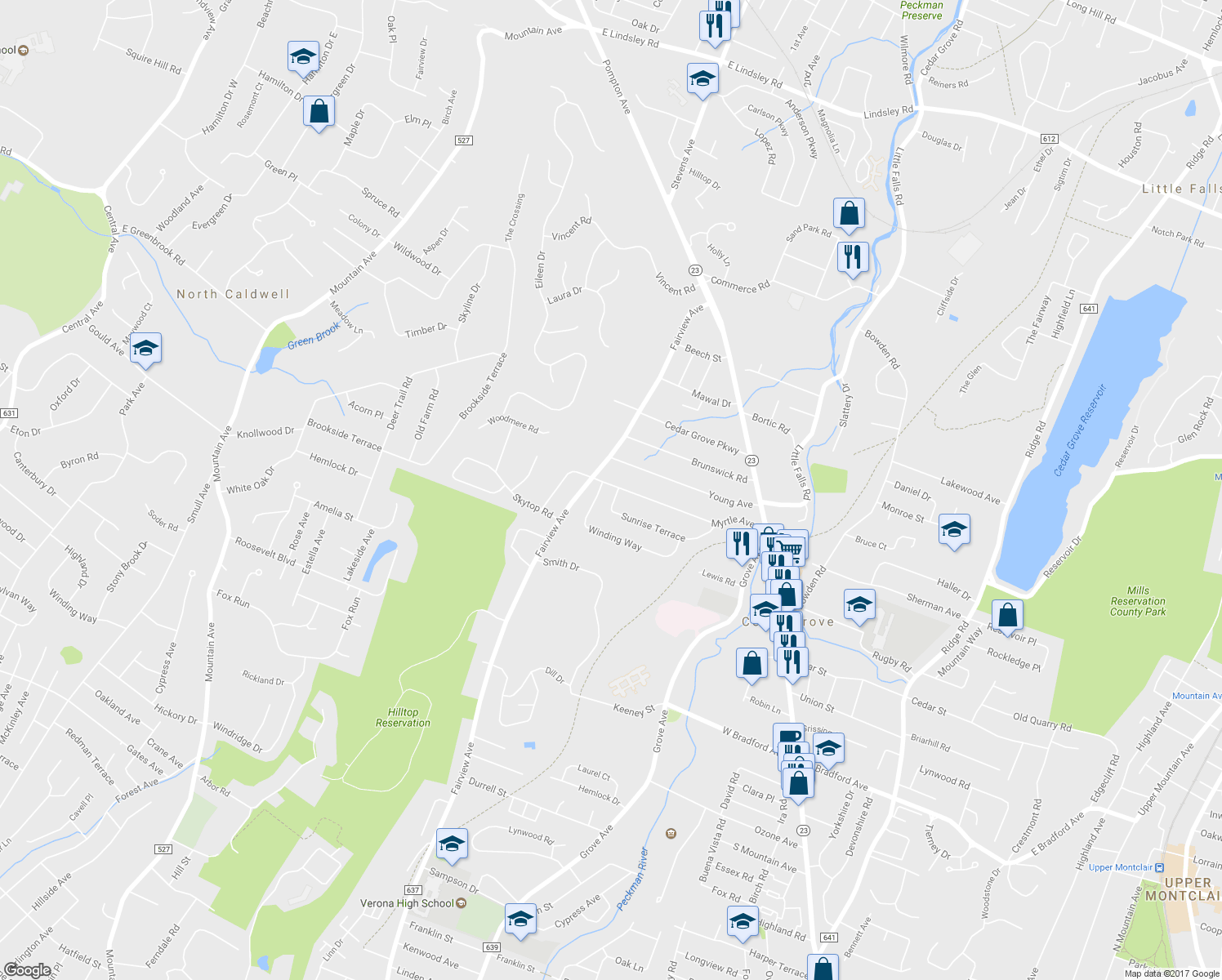 map of restaurants, bars, coffee shops, grocery stores, and more near 155 Sunrise Terrace in Cedar Grove