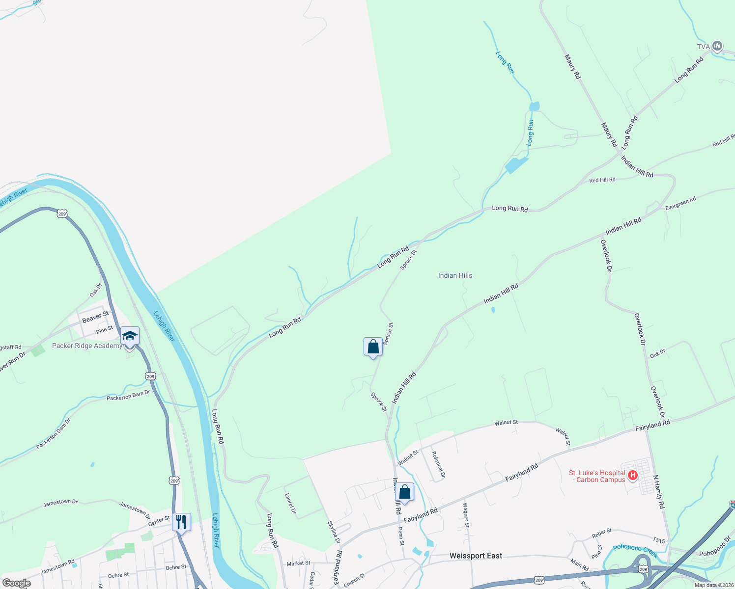 map of restaurants, bars, coffee shops, grocery stores, and more near 2257 Long Run Road in Lehighton