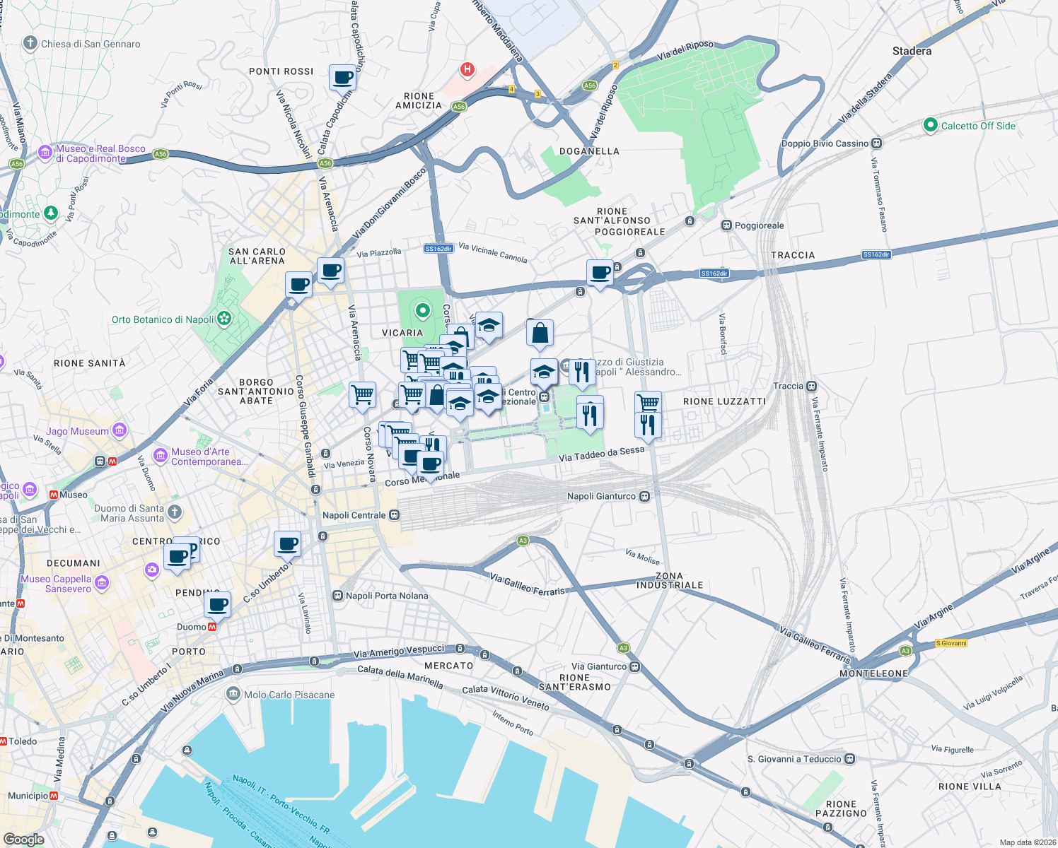 map of restaurants, bars, coffee shops, grocery stores, and more near Viale della Costituzione in Naples