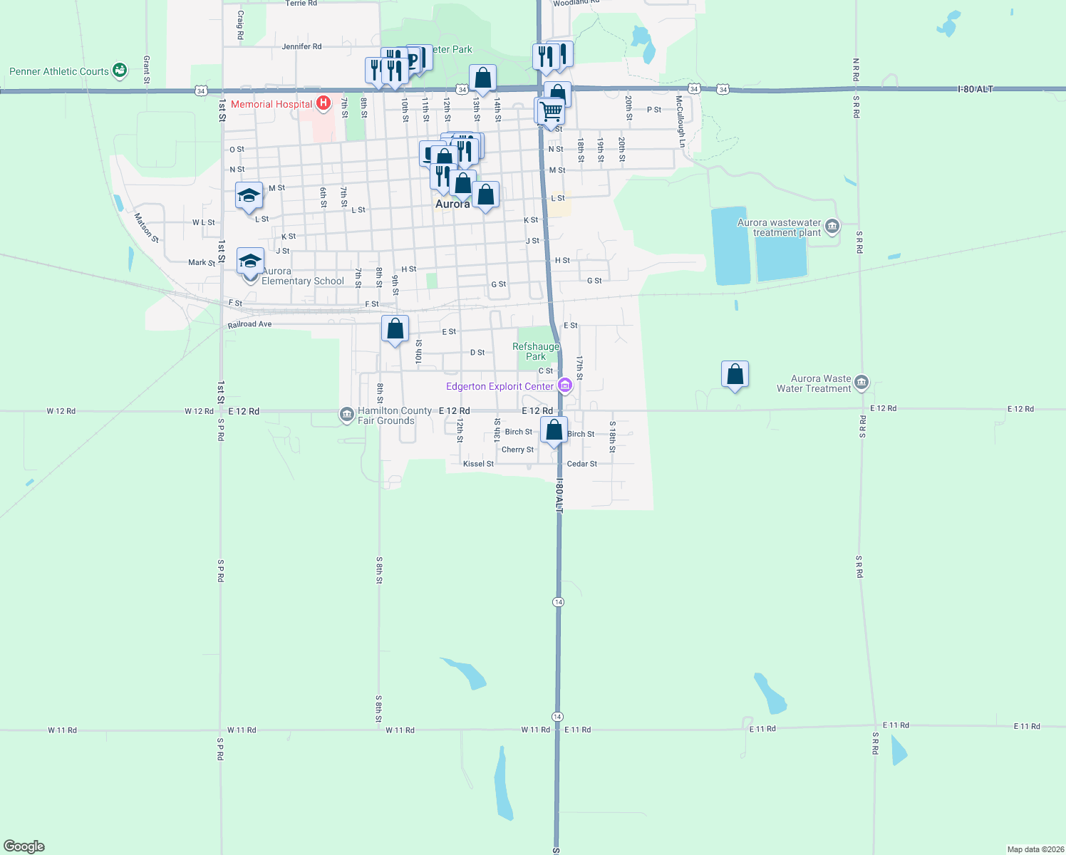 map of restaurants, bars, coffee shops, grocery stores, and more near 1417 Birch Street in Aurora
