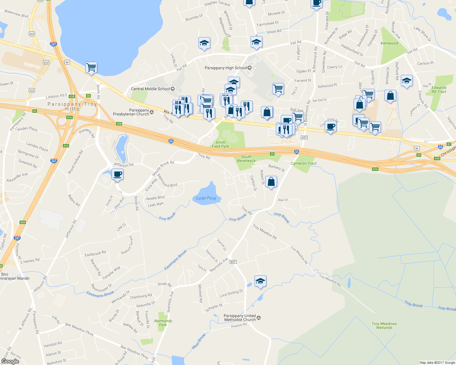 map of restaurants, bars, coffee shops, grocery stores, and more near 47 Allerton Road in Parsippany-Troy Hills