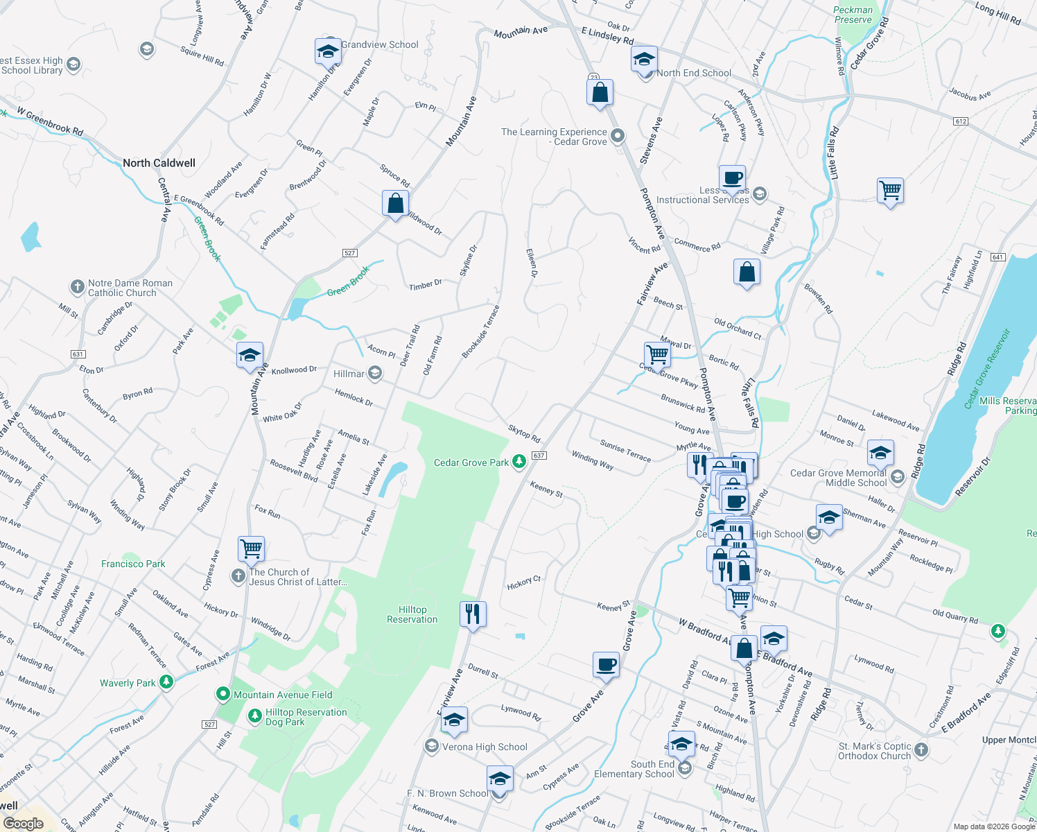 map of restaurants, bars, coffee shops, grocery stores, and more near 11 Hillcrest Road in Cedar Grove