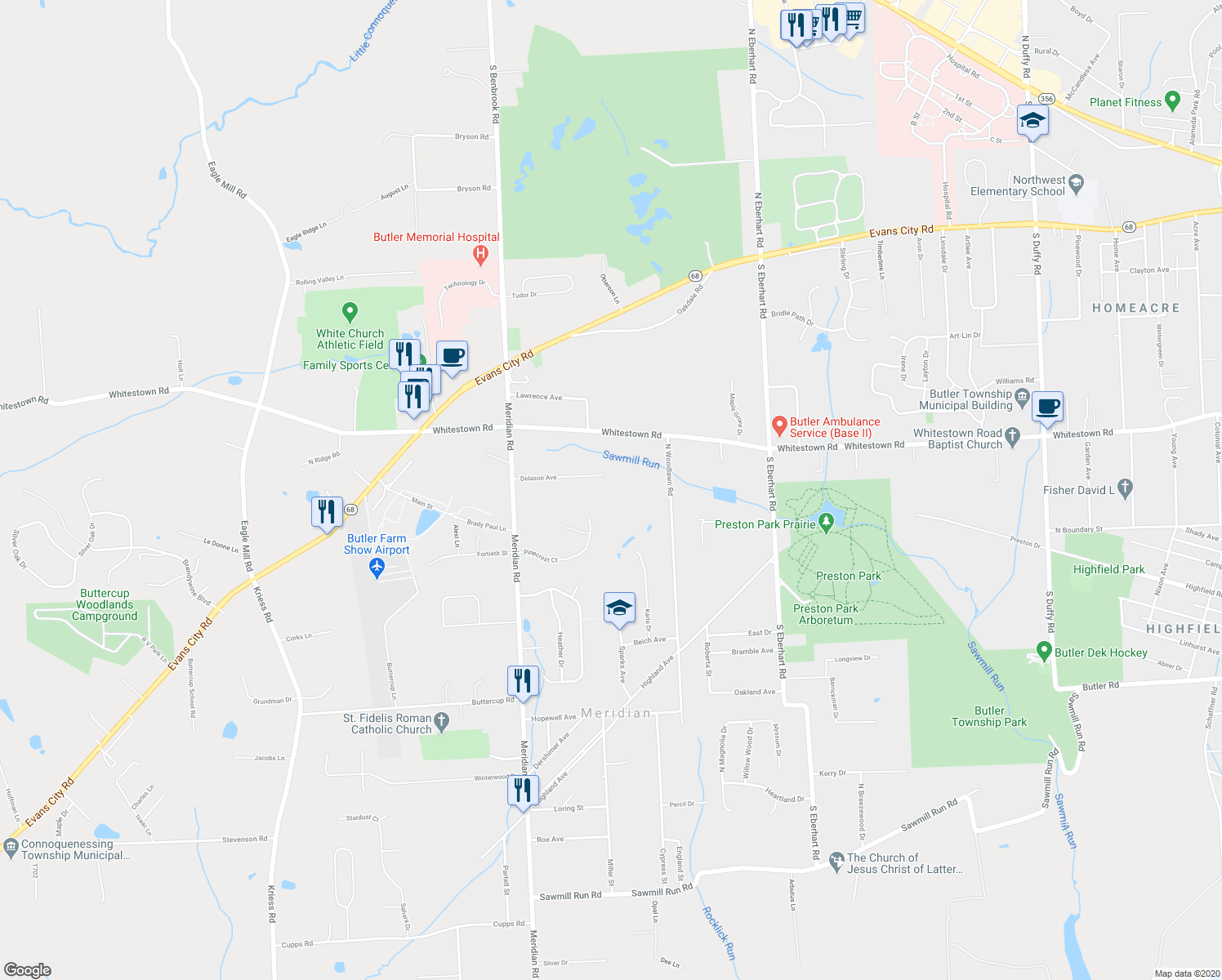 map of restaurants, bars, coffee shops, grocery stores, and more near 134 Delason Avenue in Meridian