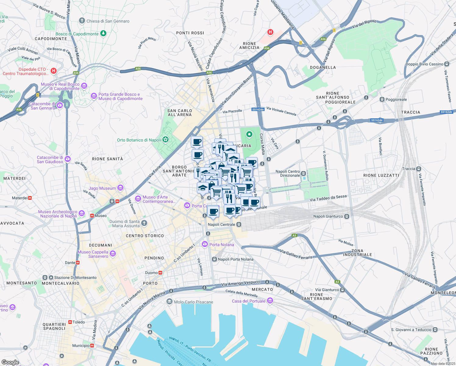 map of restaurants, bars, coffee shops, grocery stores, and more near 3 Calata Ponte di Casanova in Napoli
