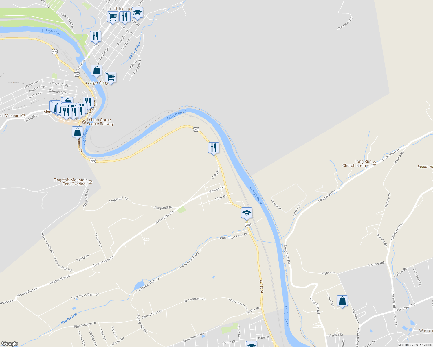 map of restaurants, bars, coffee shops, grocery stores, and more near 146 Oak Drive in Lehighton