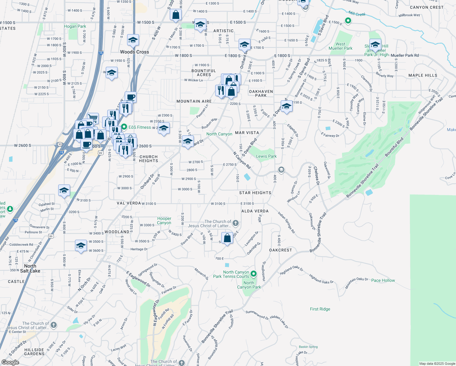 map of restaurants, bars, coffee shops, grocery stores, and more near 2913 South Davis Boulevard in Bountiful