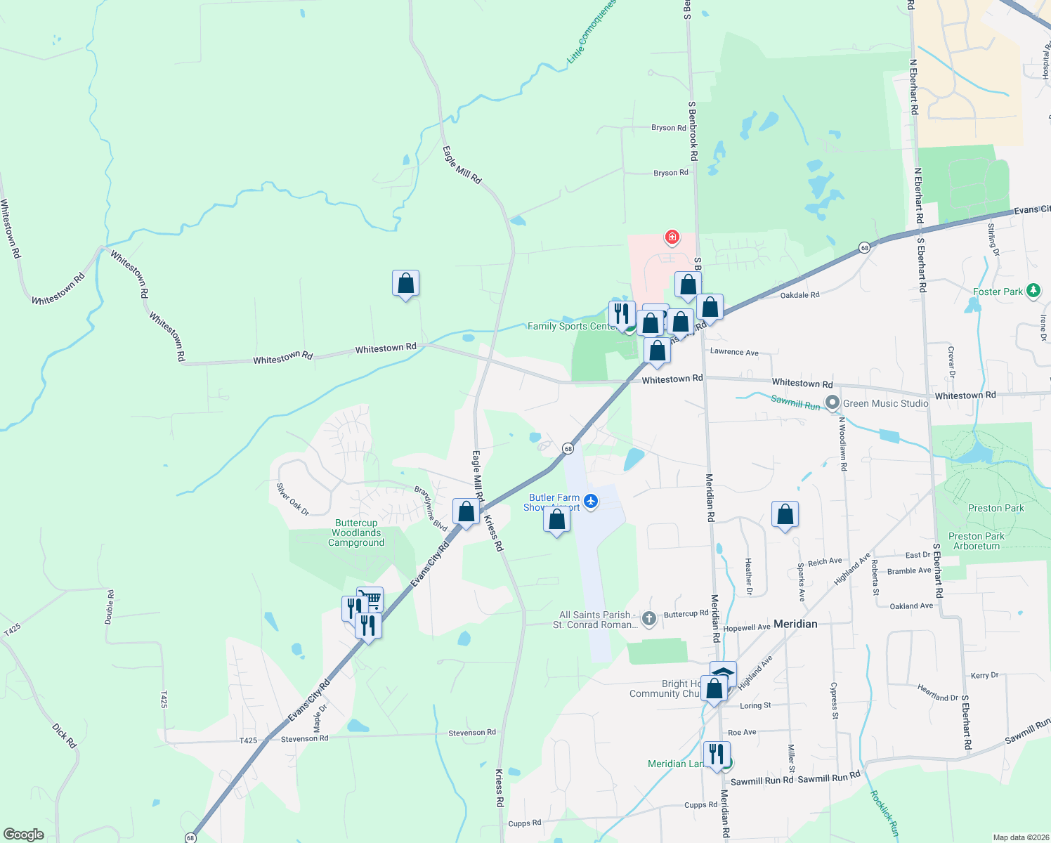 map of restaurants, bars, coffee shops, grocery stores, and more near 121 North Ridge Drive in Butler