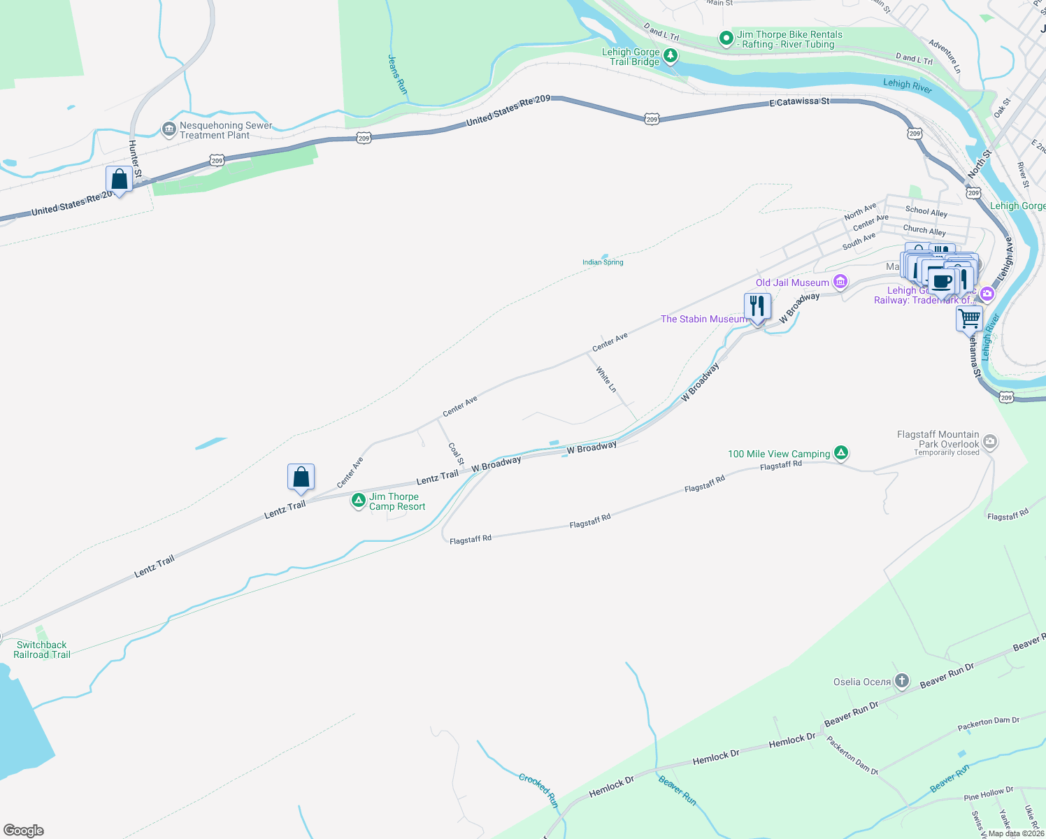 map of restaurants, bars, coffee shops, grocery stores, and more near 99 West Chipmunk Trail in Jim Thorpe
