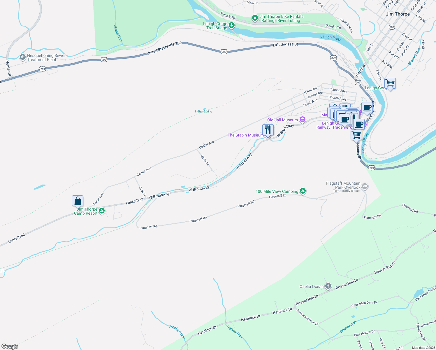 map of restaurants, bars, coffee shops, grocery stores, and more near 38 E Chipmunk Trail in Jim Thorpe
