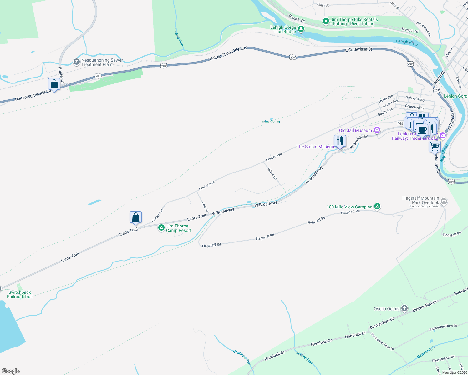 map of restaurants, bars, coffee shops, grocery stores, and more near 99 W Chipmunk Trail in Jim Thorpe