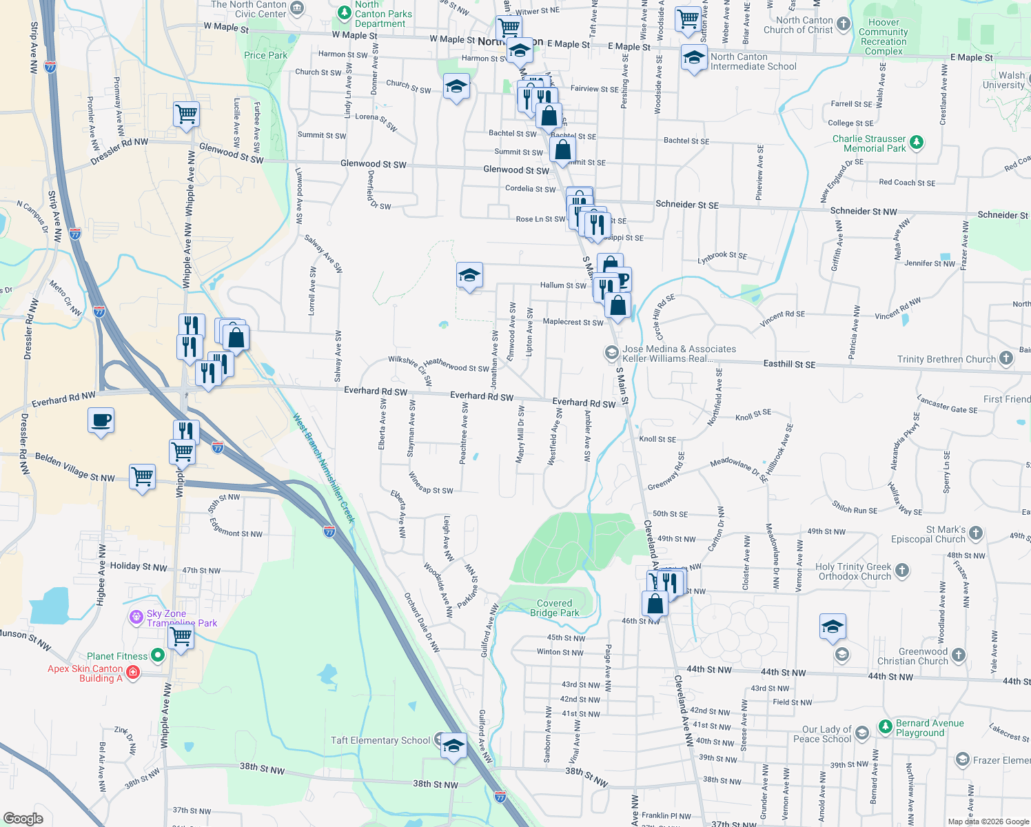 map of restaurants, bars, coffee shops, grocery stores, and more near 1527 Mabry Mill Dr SW in Canton