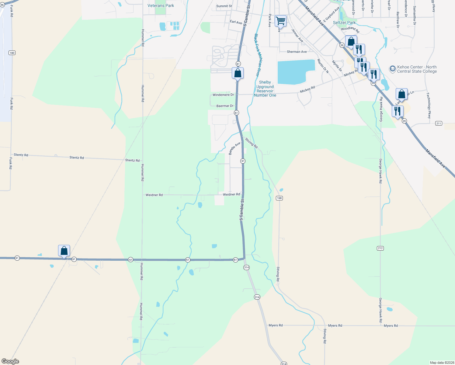 map of restaurants, bars, coffee shops, grocery stores, and more near 664 Bendle Avenue in Shelby