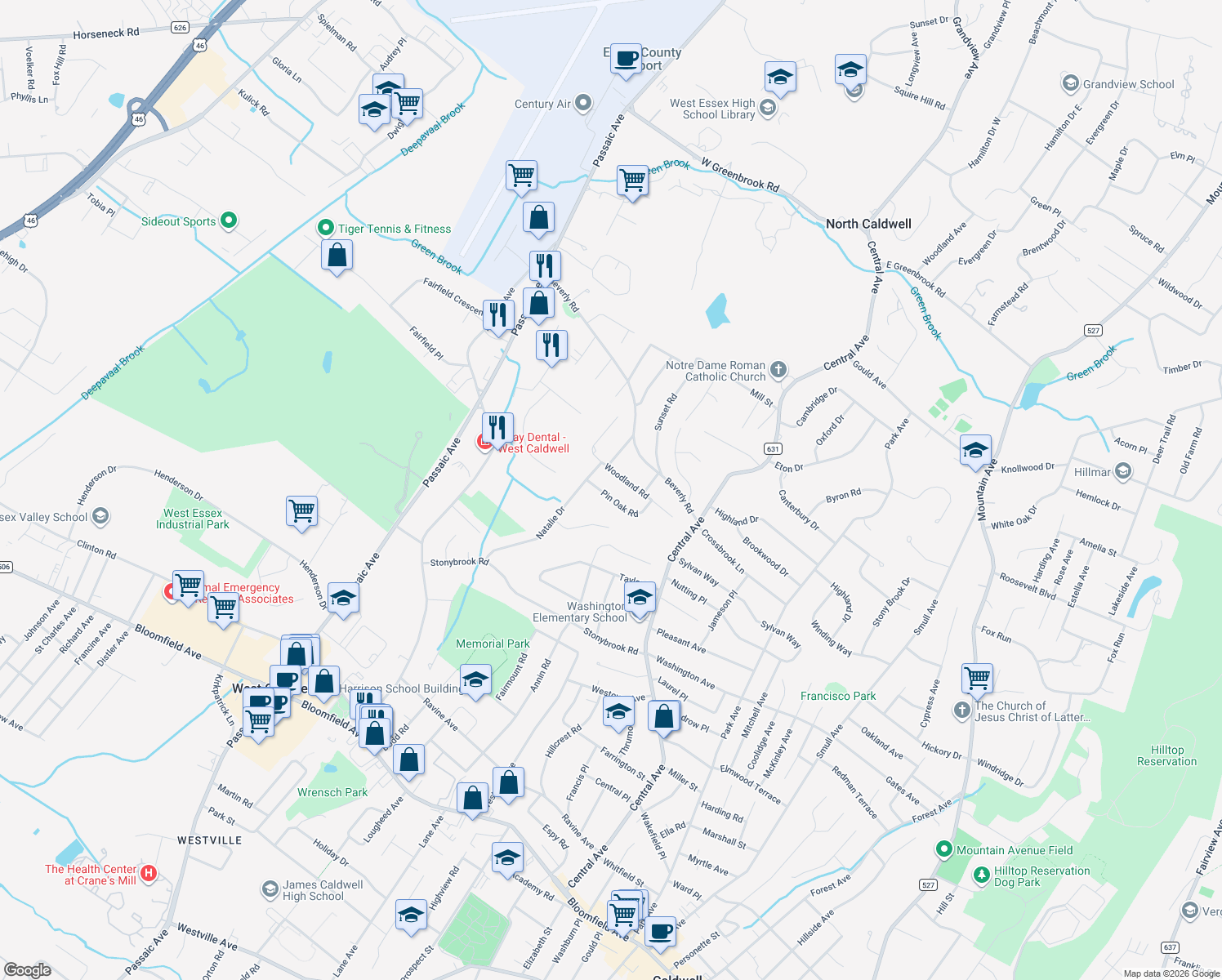 map of restaurants, bars, coffee shops, grocery stores, and more near 6 Pin Oak Road in West Caldwell