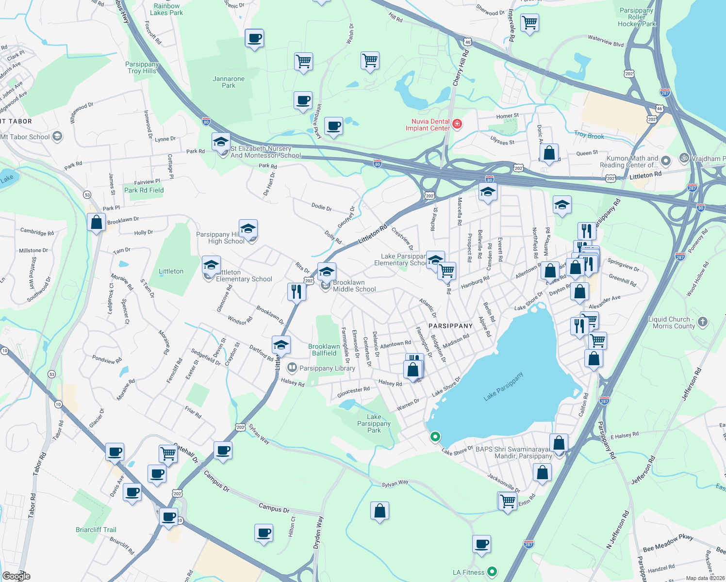 map of restaurants, bars, coffee shops, grocery stores, and more near 115 Fieldcrest Rd in Parsippany-Troy Hills