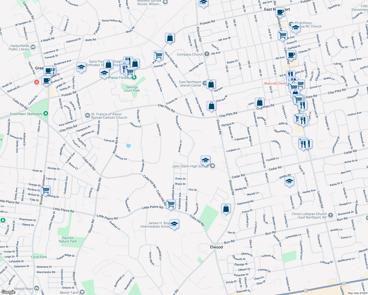 map of restaurants, bars, coffee shops, grocery stores, and more near 6 Andrea Ln in Greenlawn