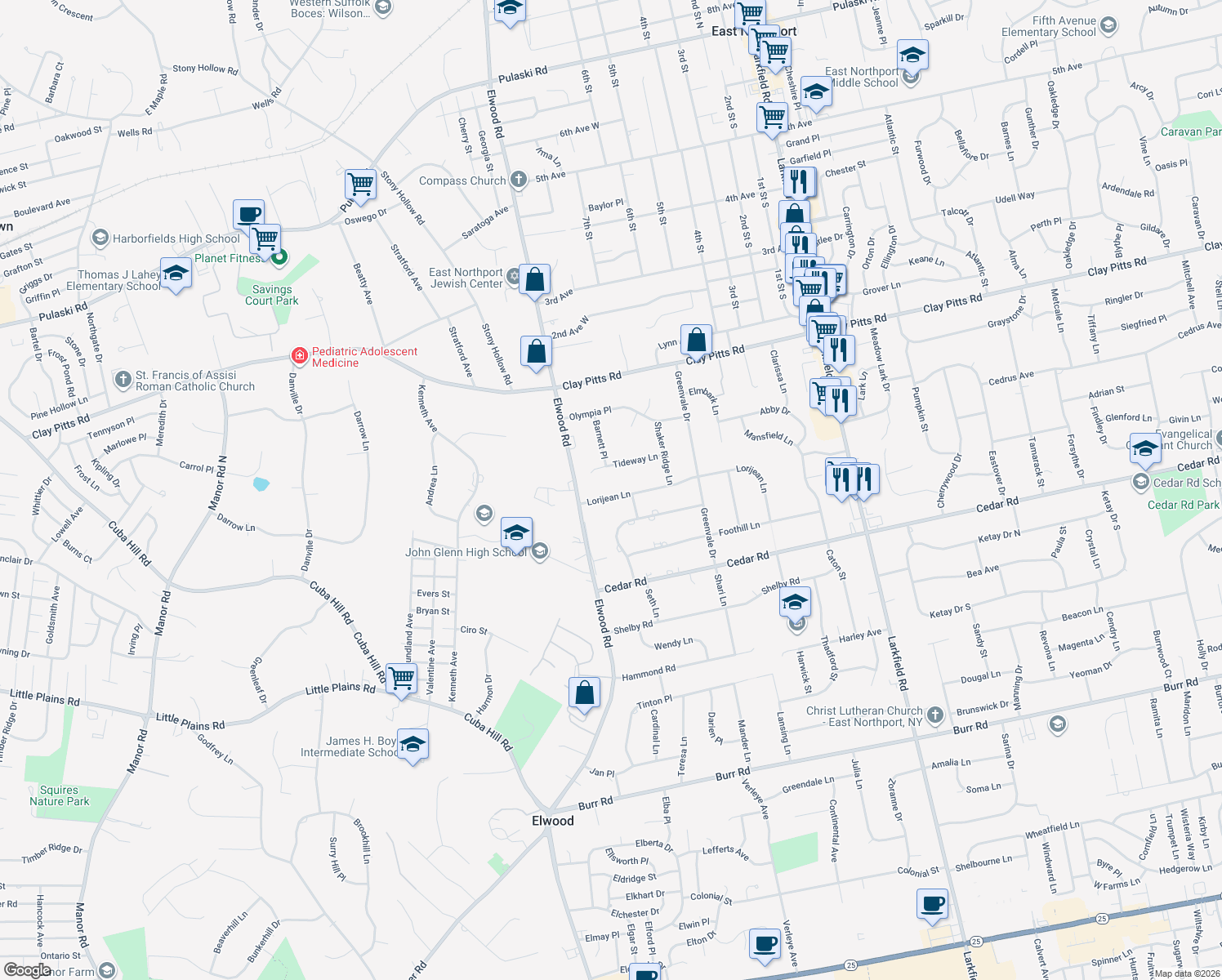 map of restaurants, bars, coffee shops, grocery stores, and more near 9 Lorijean Lane in East Northport